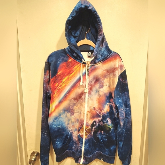 Into The AM Men's Blue Space Astronaut Graphic Print Zip Up Hoodie Jacket Sz M - Picture 1 of 7